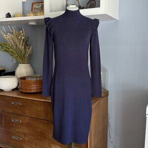 Michael Kors Navy Blue Ruffle Shoulder Sheath Viscose Blend knit Dress Size S